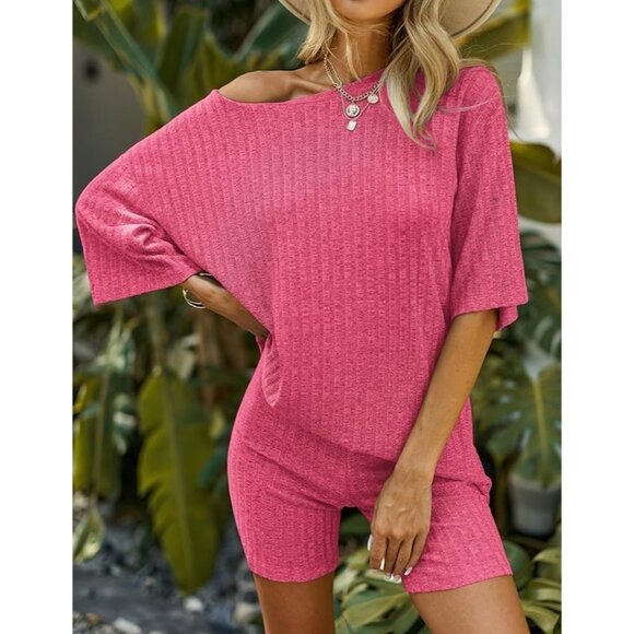 Ekouaer 2 Piece Lounge Set Pink Biker Shorts Shirt Ribbed Knit - Picture 3 of 12